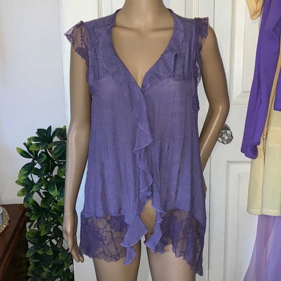 PANITTI Dusty purple Lacey sleeveless wrap BOHO vest top jacket tunic M - Picture 1 of 8